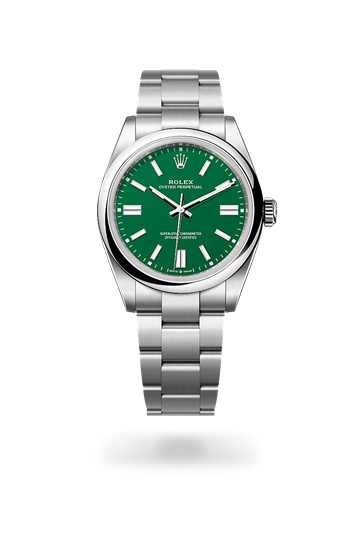 Oyster Perpetual 41 * Oyster, 41 mm, Oystersteel with a Pistachio Domed bezel and Oyster, three-piece solid links bracelet