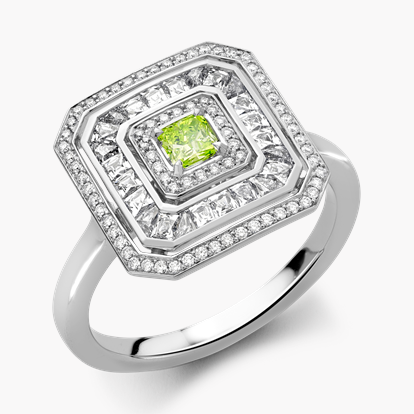 Masterpiece Fancy Intense Green-Yellow Diamond Ripple Ring 0.17ct in Platinum