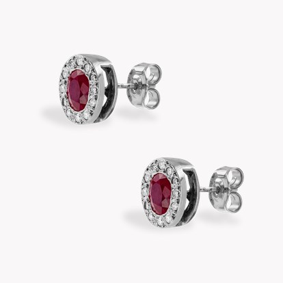 Oval Cut 1.70ct Ruby and Diamond Cluster Earrings in 18ct White Gold