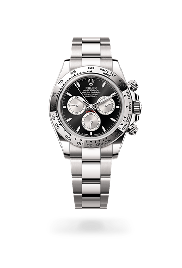 Cosmograph Daytona * Oyster, 40 mm, white gold with a Bright black and steel Fixed, with engraved tachymetric scale, in 18 ct white gold bezel and Oyster, three-piece solid links bracelet