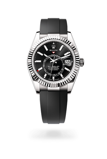 Sky-Dweller * Oyster, 42 mm, white gold with a Bright black Fluted, bidirectional rotatable Rolex Ring Command bezel and Oysterflex bracelet
