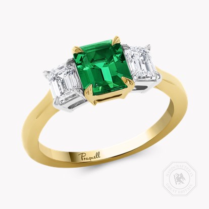 Octagon Cut 0.97ct Colombian Emerald and Diamond Three Stone Ring in 18ct Yellow Gold