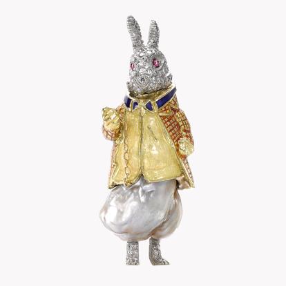 Edwardian Baroque Pearl Rabbit Brooch in Yellow & White Gold