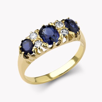 Victorian Sapphire & Diamond Three Stone Ring - Oval Cut 1.47ct in 18ct Yellow Gold