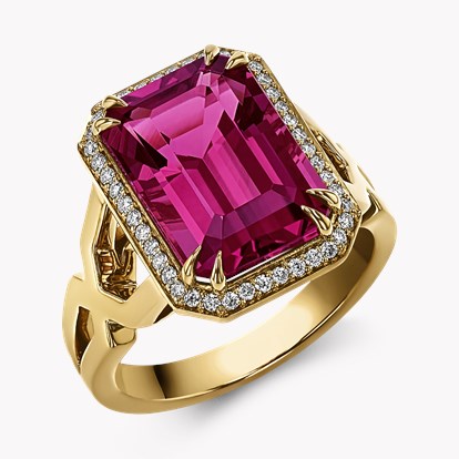 Pink Tourmaline and Diamond Ring - Emerald Cut 6.36ct in 18ct Yellow Gold