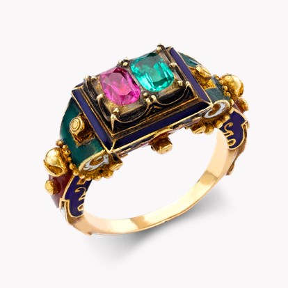 Victorian Renaissance Revival Ruby & Emerald Dress Ring 0.40ct in 18ct Yellow Gold
