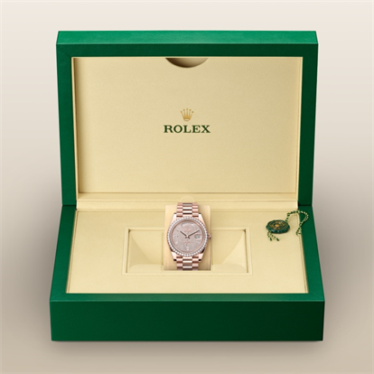 Day-Date 40, Oyster, 40 mm, Everose gold and diamonds watch inside presentation box