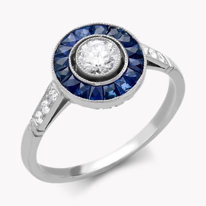 Art Deco Inspired Diamond & Sapphire Target Ring Platinum