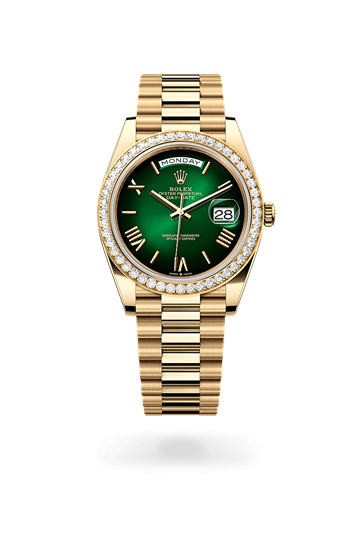 Day-Date 40 * Oyster, 40 mm, yellow gold and diamonds with a Green ombré Diamond-set bezel and President, semi-circular three-piece links bracelet