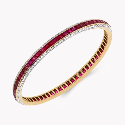 Victorian Calibre Cut Ruby and Diamond Bangle