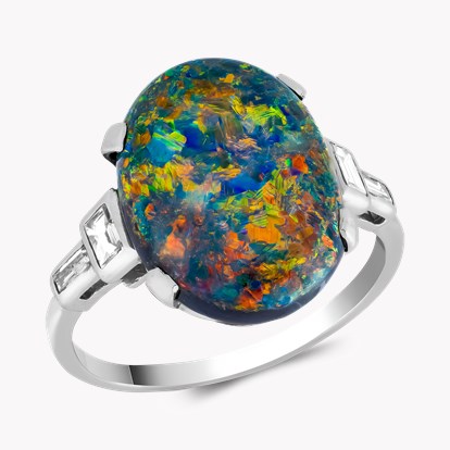 Cabochon Cut Black Opal and Diamond Ring