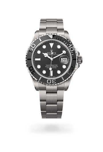 Yacht-Master 42 * Oyster, 42 mm, RLX titanium with a Intense black Bidirectional rotatable 60-minute graduated bezel with matt black Cerachrom insert in ceramic, polished raised numerals and graduations bezel and Oyster, three-piece solid links bracelet
