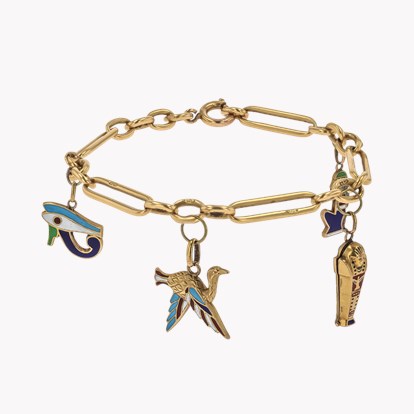 Edwardian Enamel and Gold Egyptian Charm Bracelet In 18ct Yellow Gold