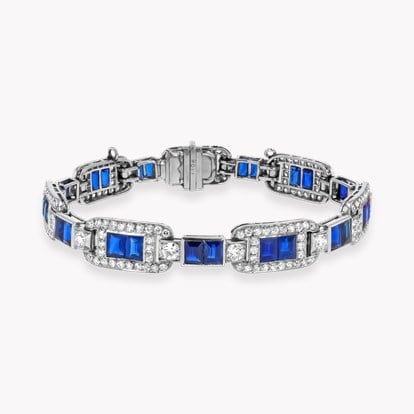 Art Deco Baguette Cut Sapphire and Diamond Line Bracelet in Platinum