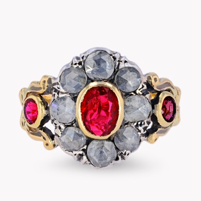 Georgian Ruby & Diamond Floral Cluster Ring