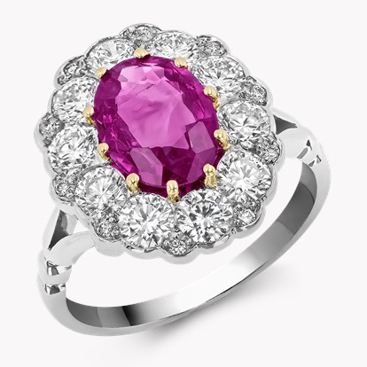 Contemporary 1.66ct Burmese Pink Sapphire and Diamond Cluster Ring in Platinum