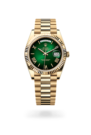 Day-Date 40 * Oyster, 40 mm, yellow gold with a Green ombré Fluted bezel and President, semi-circular three-piece links bracelet