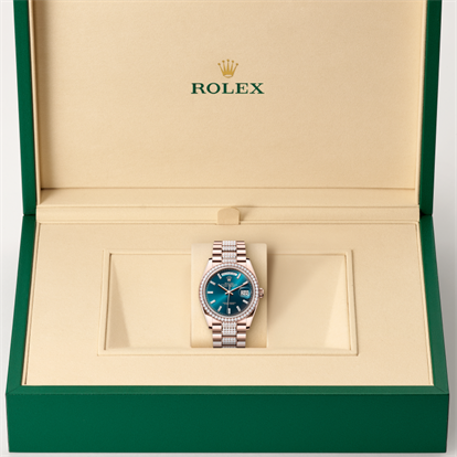 Day-Date 36, Oyster, 36 mm, Everose gold and diamonds watch inside presentation box