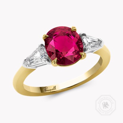 Oval Cut 2.08ct Ruby and Diamond Three Stone Ring in 18ct Yellow Gold