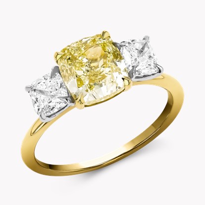 Classic 2.50ct Fancy Yellow Diamond Three Stone Ring 18ct Yellow Gold and Platinum