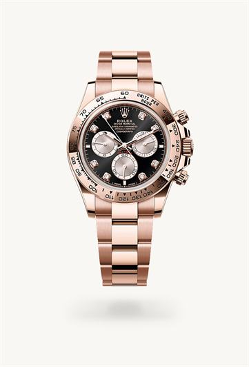 Cosmograph Daytona * Oyster, 40 mm, Everose gold with a Bright black and Sundust Fixed, with engraved tachymetric scale, in 18 ct Everose gold bezel and Oyster, three-piece solid links bracelet