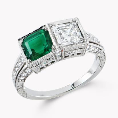 Art Deco 1.01ct Emerald and Diamond Two Stone Ring in Platinum