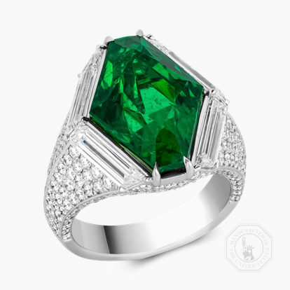 Hexagonal Cut 7.978ct Zambian Emerald and Diamond Ring