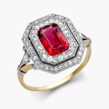 Edwardian Ruby Cluster Ring - Cushion Antique Cut 1.50ct in Yellow Gold and Platinum