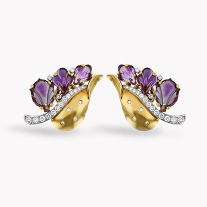 Retro Cartier Amethyst and Diamond Leaf Earrings in 18ct Yellow Gold