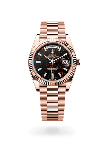 Day-Date 40 * Oyster, 40 mm, Everose gold with a Slate ombré Fluted bezel and President, semi-circular three-piece links bracelet