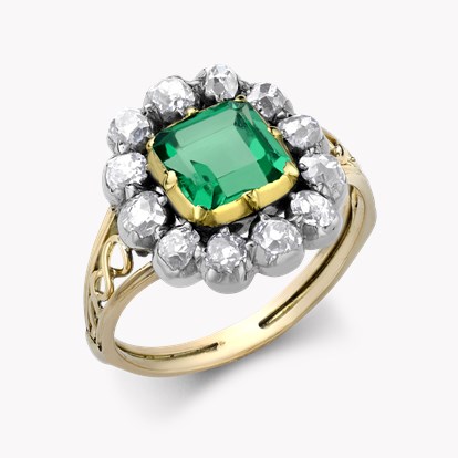 Victorian 1.16ct Colombian Emerald and Diamond Cluster Ring in 18ct Yellow Gold & Silver