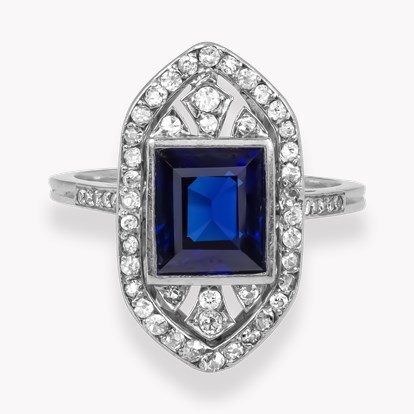 Art Deco Emerald Cut Sapphire and Diamond Ring