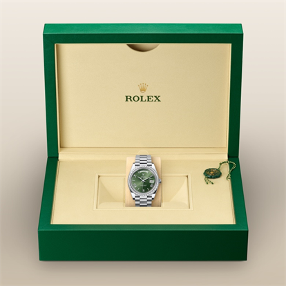 Day-Date 40, Oyster, 40 mm, platinum and diamonds watch inside presentation box