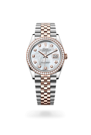 Datejust 36 * Oyster, 36 mm, Oystersteel, Everose gold and diamonds with a White mother-of-pearl set with diamonds Diamond-set bezel and Jubilee, five-piece links bracelet