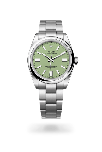 Oyster Perpetual 41 * Oyster, 41 mm, Oystersteel with a Pistachio Domed bezel and Oyster, three-piece solid links bracelet