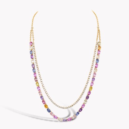 Rainbow Fancy Sapphire and Diamond Two-Row Necklace 21.62ct in 18ct Rose Gold