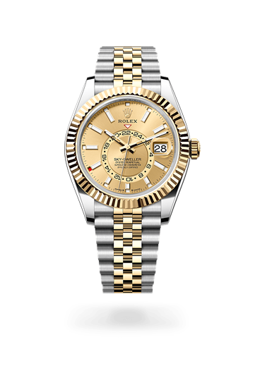Sky-Dweller * Oyster, 42 mm, Oystersteel and yellow gold with a Champagne-colour Fluted, bidirectional rotatable Rolex Ring Command bezel and Oyster, three-piece solid links bracelet