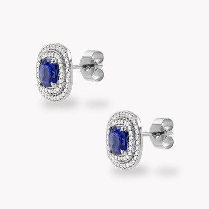 Cushion Cut 2.38cts Sapphire and Diamond Double Halo Earrings