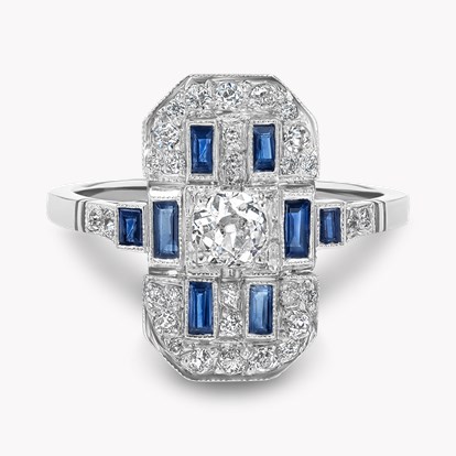 Art Deco Old European Cut Diamond and Sapphire Plaque Ring