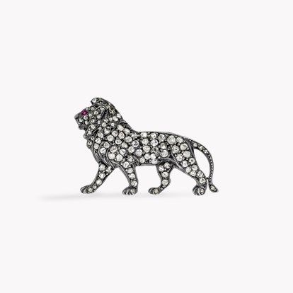 Belle Epoque Diamond and Ruby Lion Brooch in Silver 18ct Yellow Gold