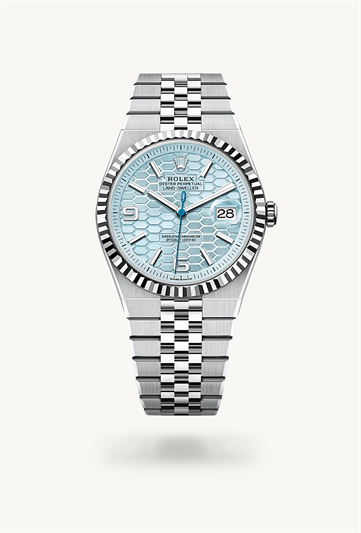 Land-Dweller 40 * Oyster, 40 mm, platinum with a Ice blue, honeycomb motif Fluted bezel and Flat Jubilee, five-piece solid links bracelet