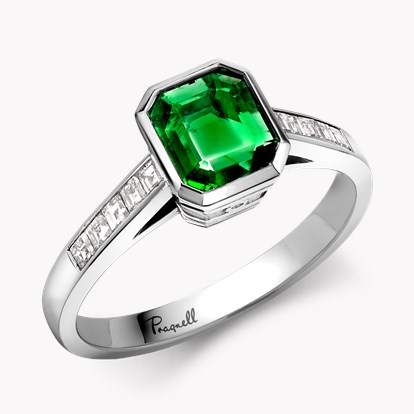 Trap Cut 0.77ct Emerald and Diamond Ring in Platinum