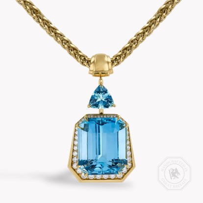 Masterpiece 44.77ct Lukusuzi Aquamarine and Diamond Pendant in 18ct Yellow Gold