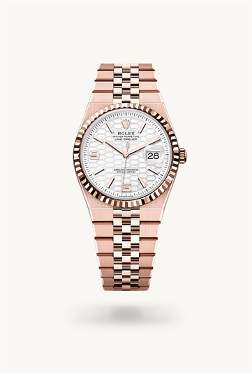 Land-Dweller 36 * Oyster, 36 mm, Everose gold with a Intense white, honeycomb motif Fluted bezel and Flat Jubilee, five-piece solid links bracelet