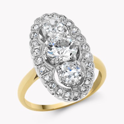 Old European Cut Three Stone Diamond Plaque Ring in 18ct Yellow Gold