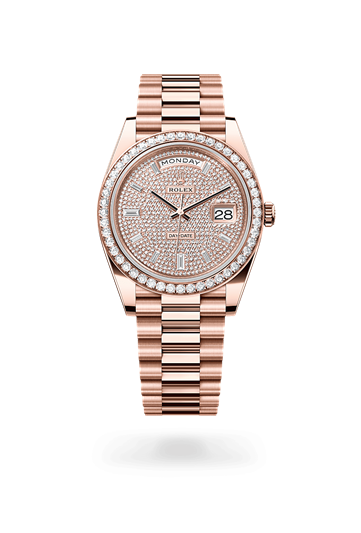 Day-Date 40 * Oyster, 40 mm, Everose gold and diamonds with a Diamond-paved Diamond-set bezel and President, semi-circular three-piece links bracelet