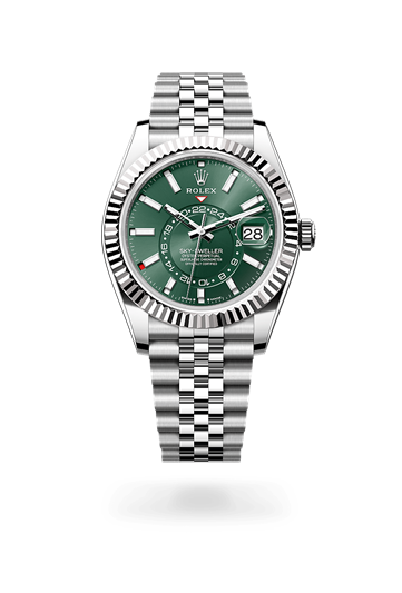 Sky-Dweller * Oyster, 42 mm, Oystersteel and white gold with a Mint green Fluted, bidirectional rotatable Rolex Ring Command bezel and Oyster, three-piece solid links bracelet
