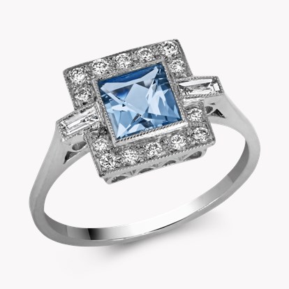 Art Deco Inspired 0.70ct Aquamarine and Diamond Cluster Ring in ...