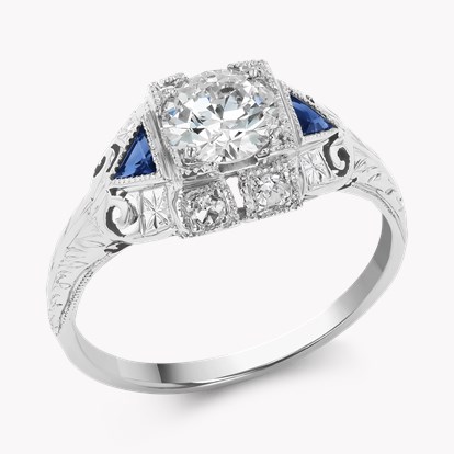 Old European Cut Diamond and Sapphire Ring in 18ct White Gold