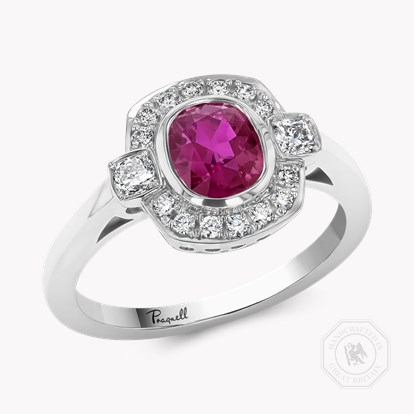 Cushion Cut 1.31ct Ruby and Diamond Cluster Ring in Platinum